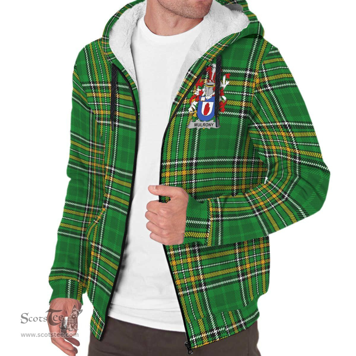 Mulrony or O'Mulroney Coat of Arms Family Crest Ireland Sherpa Hoodie Irish National Tartan Irish County Sherpa Hoodie