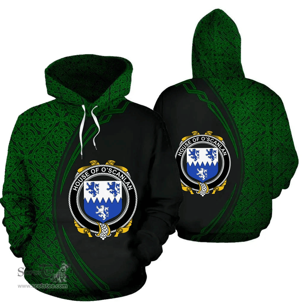 Irish House of O'SCANLAN (Munster) Coat of Arms Irish Family Crest Hoodie Black Green Circle Style Hoodie