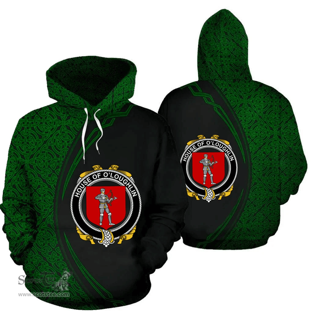 Irish House of O'LOUGHLIN Coat of Arms Irish Family Crest Hoodie Black Green Circle Style Hoodie
