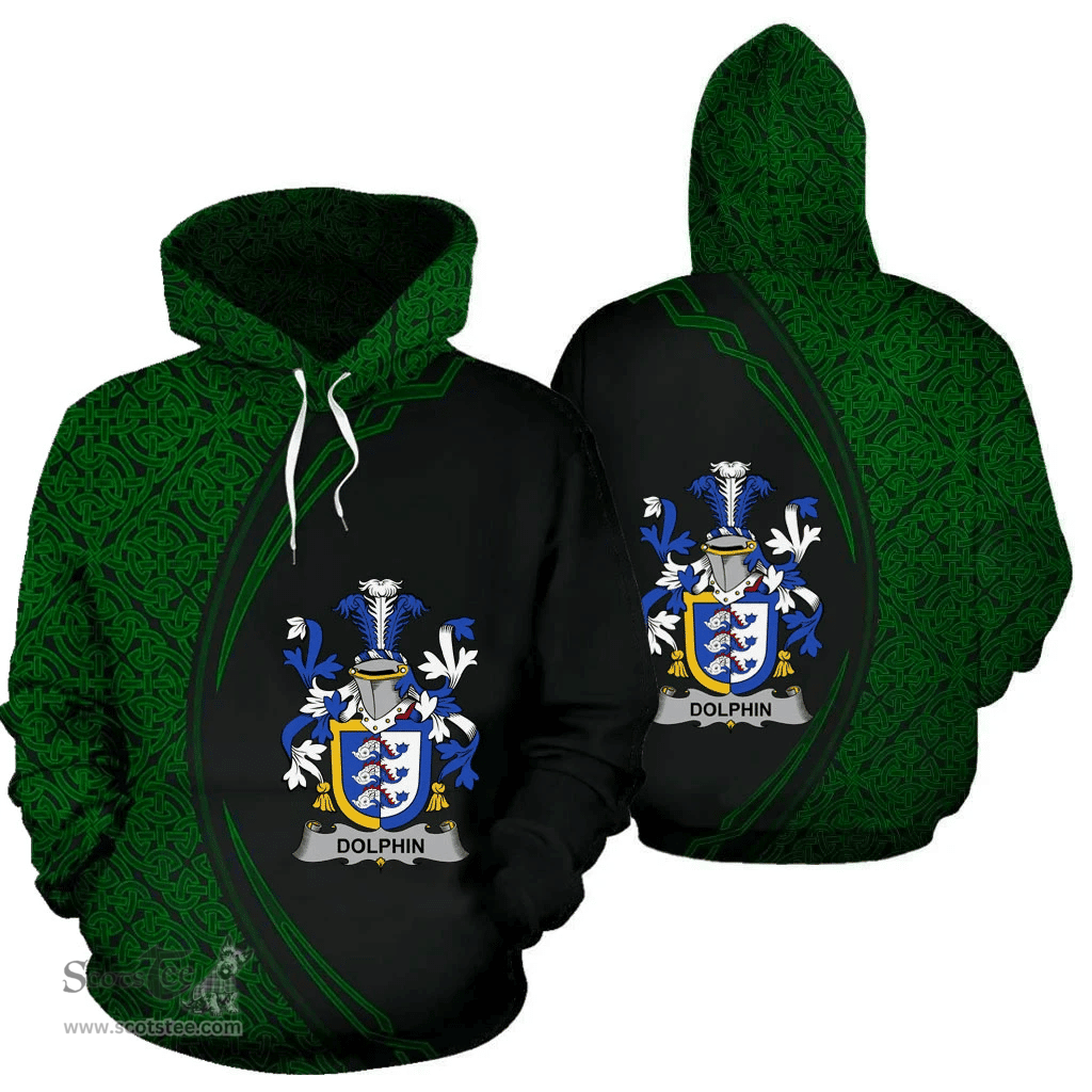 Irish Dolphin or Dolphyn Coat of Arms Irish Family Crest Hoodie Black Green Circle Style Hoodie