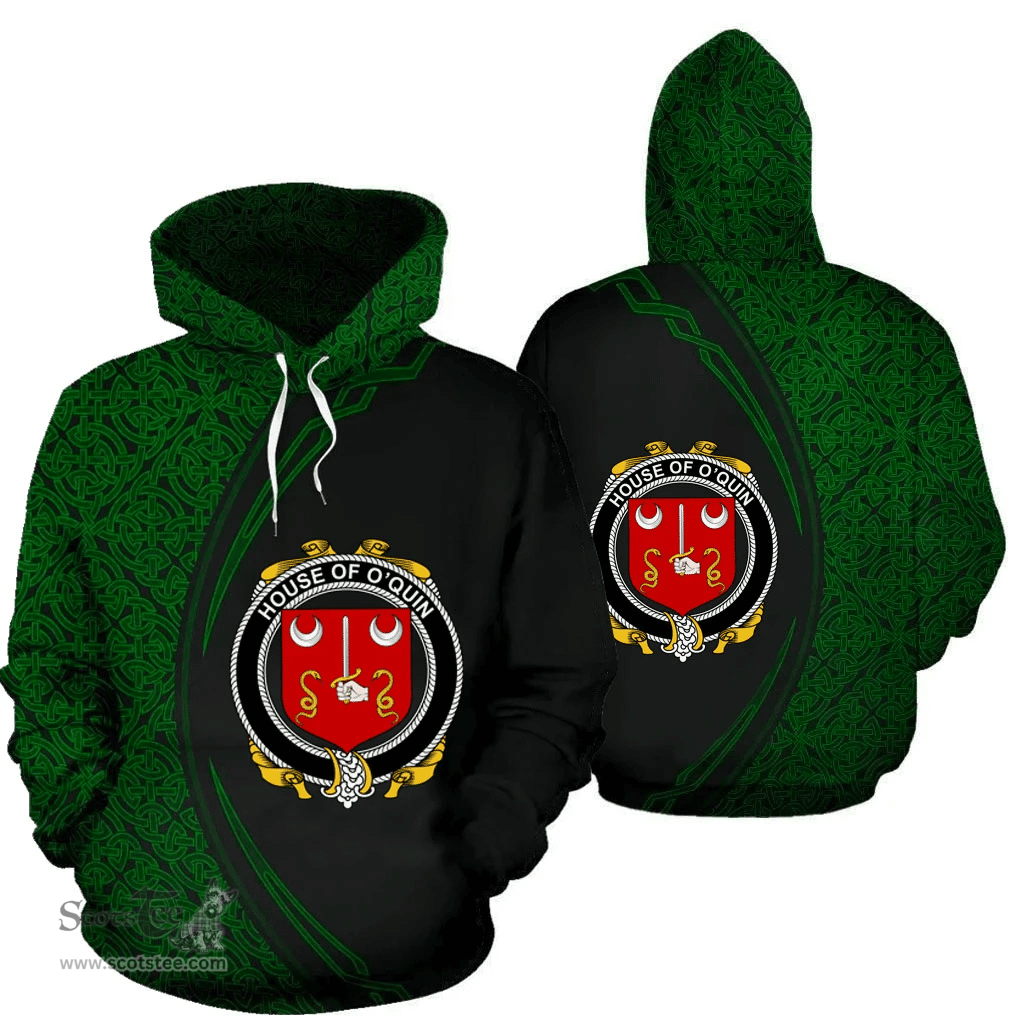 Irish House of O'QUIN (Thomond) Coat of Arms Irish Family Crest Hoodie Black Green Circle Style Hoodie