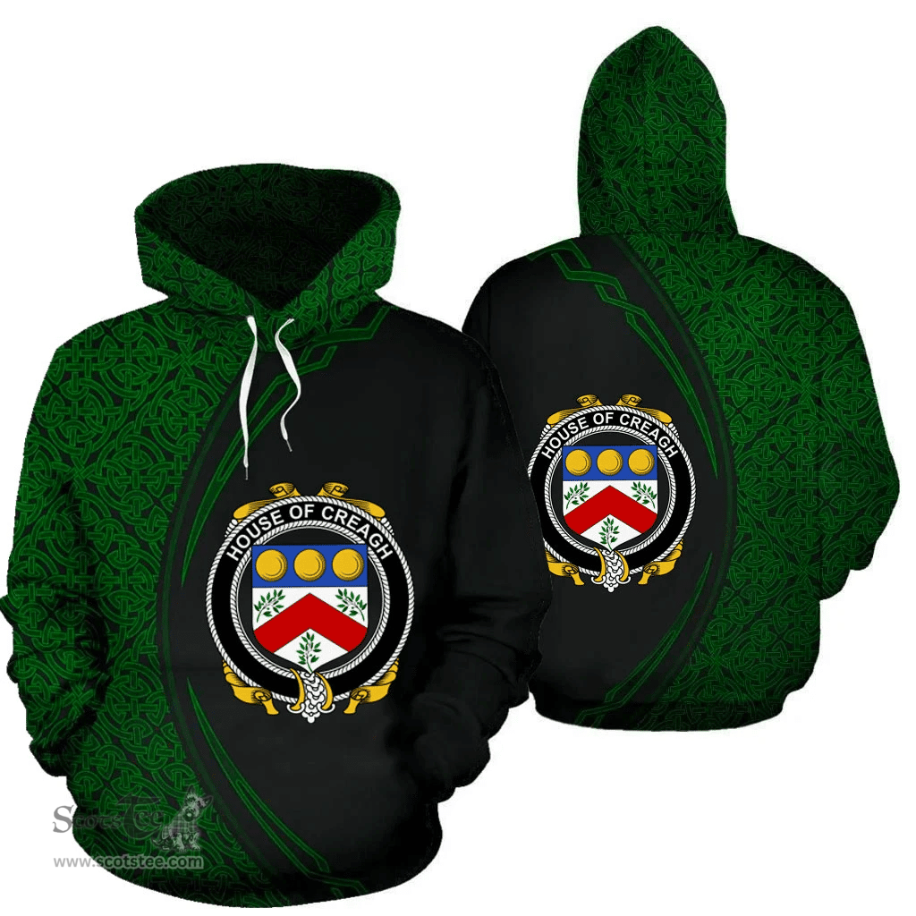 Irish House of CREAGH Coat of Arms Irish Family Crest Hoodie Black Green Circle Style Hoodie