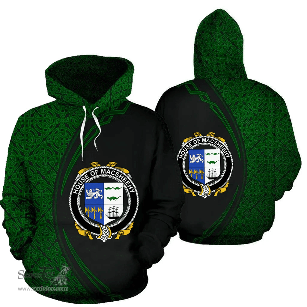 Irish House of MACSHEEHY Coat of Arms Irish Family Crest Hoodie Black Green Circle Style Hoodie
