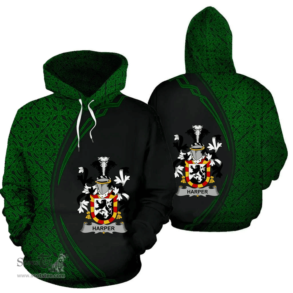 Irish Harper Coat of Arms Irish Family Crest Hoodie Black Green Circle Style Hoodie