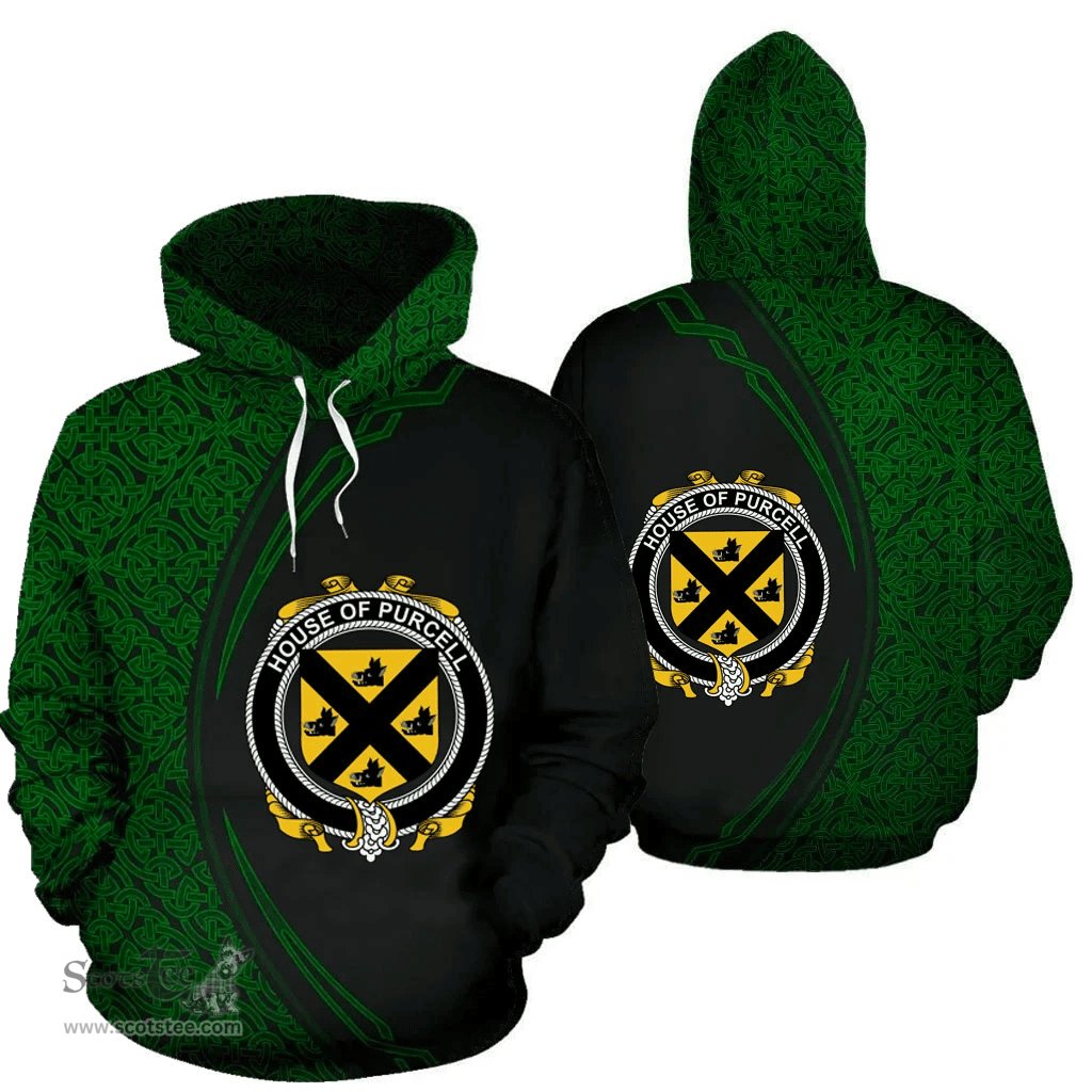 Irish House of PURCELL Coat of Arms Irish Family Crest Hoodie Black Green Circle Style Hoodie