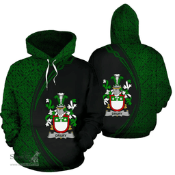Irish Drury or McDrury Coat of Arms Irish Family Crest Hoodie Black Green Circle Style Hoodie