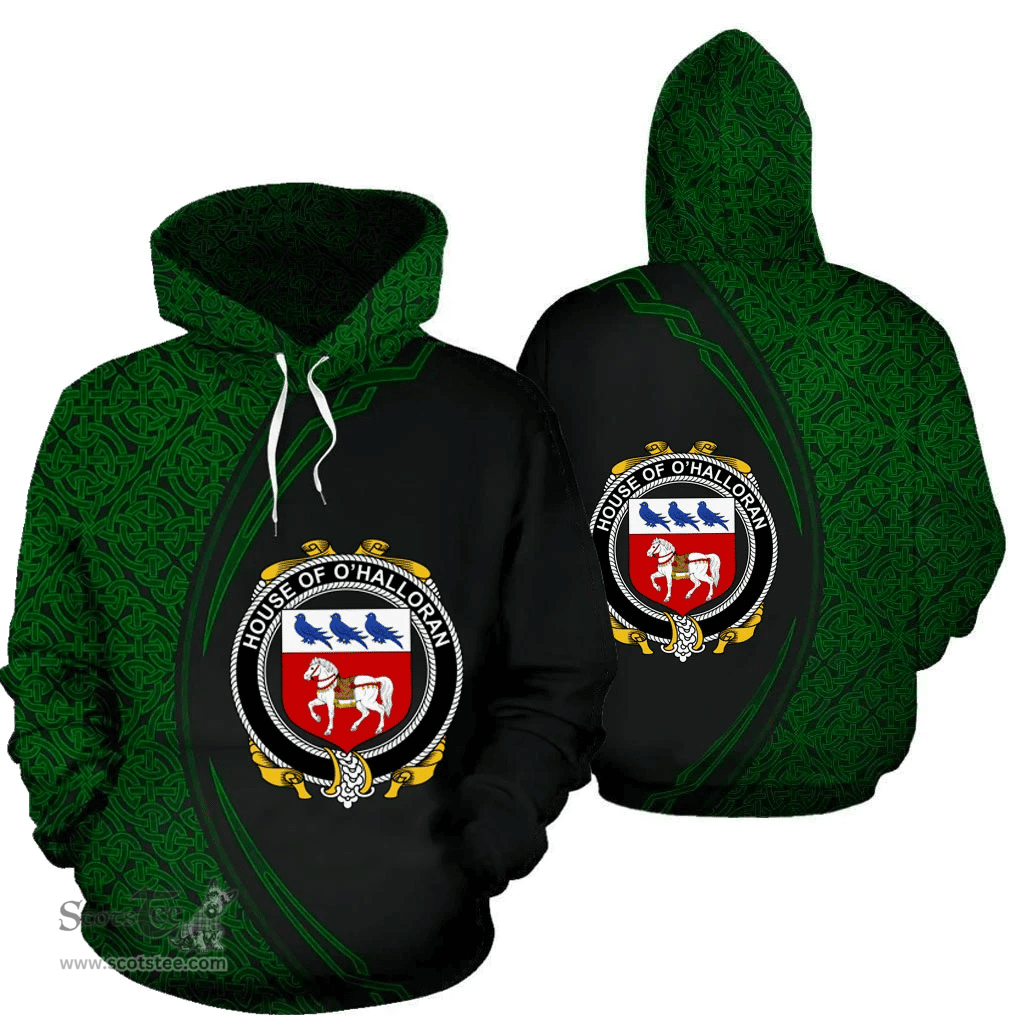 Irish House of O'HALLORAN Coat of Arms Irish Family Crest Hoodie Black Green Circle Style Hoodie