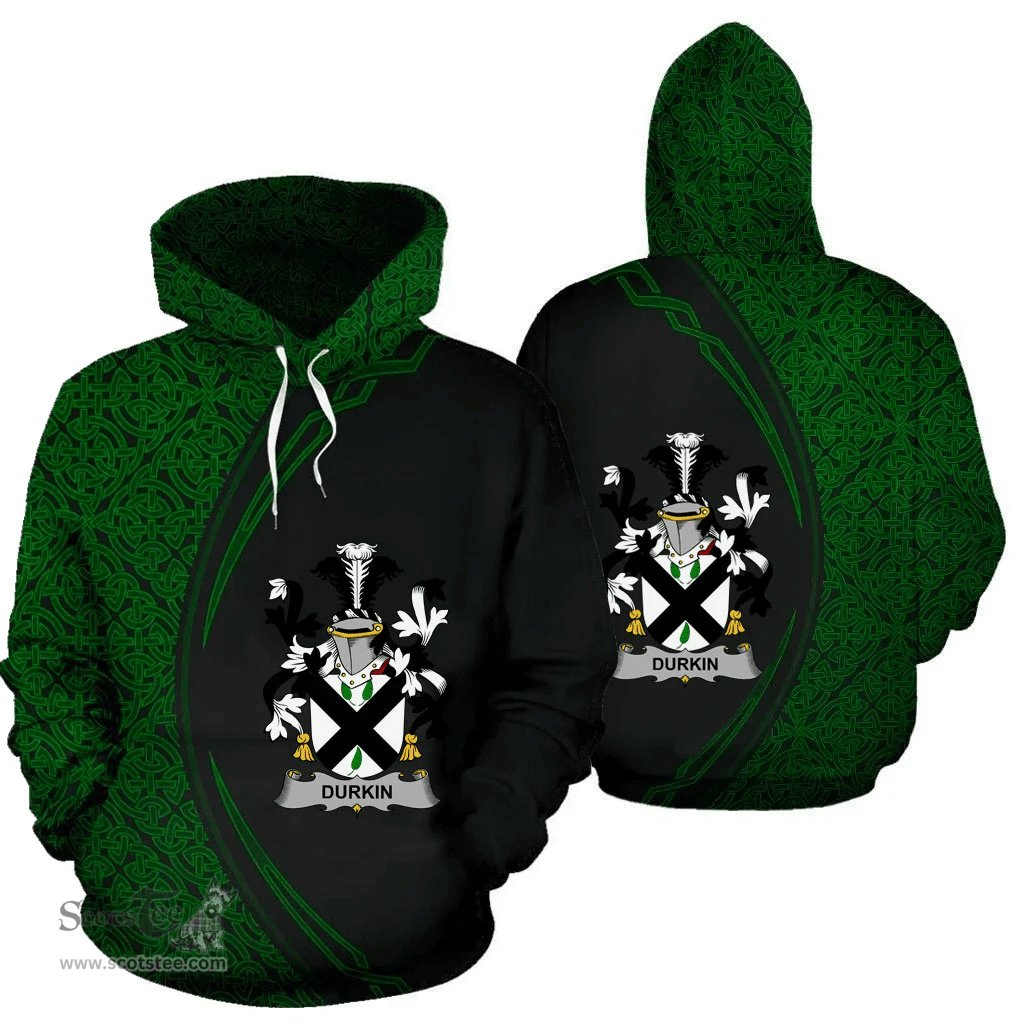 Irish Durkin or O'Durkin Coat of Arms Irish Family Crest Hoodie Black Green Circle Style Hoodie