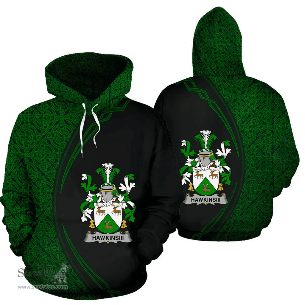 Irish HawkinsIII Coat of Arms Irish Family Crest Hoodie Black Green Circle Style Hoodie