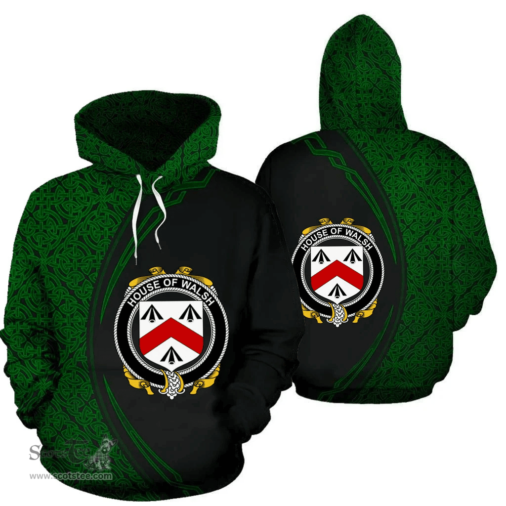 Irish House of WALSH Coat of Arms Irish Family Crest Hoodie Black Green Circle Style Hoodie