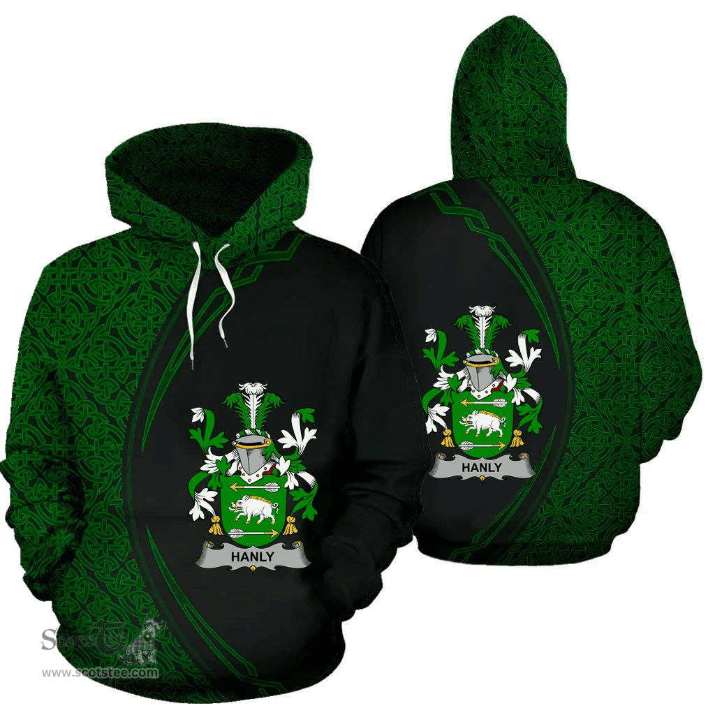 Irish Hanly or O'Hanley Coat of Arms Irish Family Crest Hoodie Black Green Circle Style Hoodie