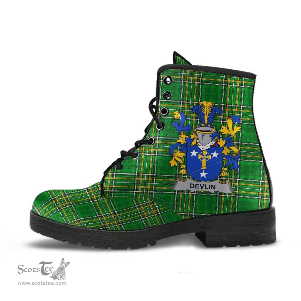 Devlin or O'Devlin Coat of Arms Family Crest Ireland Leather Boots Irish National Tartan Irish County Boots