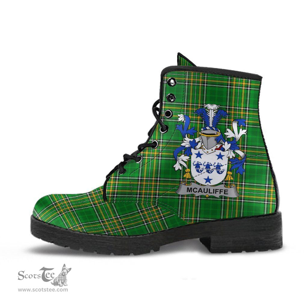 McAuliffe Coat of Arms Family Crest Ireland Leather Boots Irish National Tartan Irish County Boots