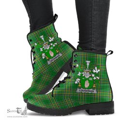 Loughnan or O'Loughnan Coat of Arms Family Crest Ireland Leather Boots Irish National Tartan Irish County Boots