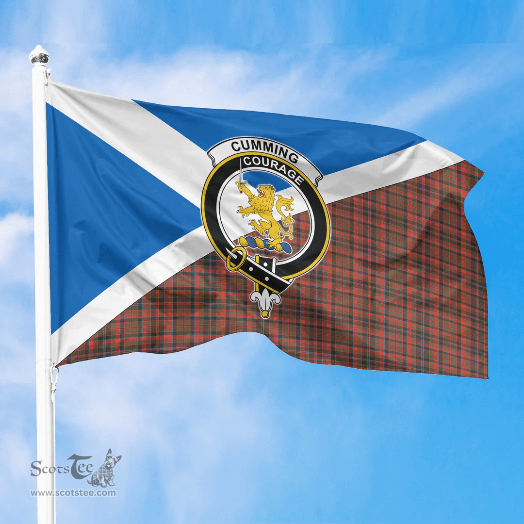 Scottish Cumming Hunting Weathered Crest and Scotland Flag Scottish Tartan Flag