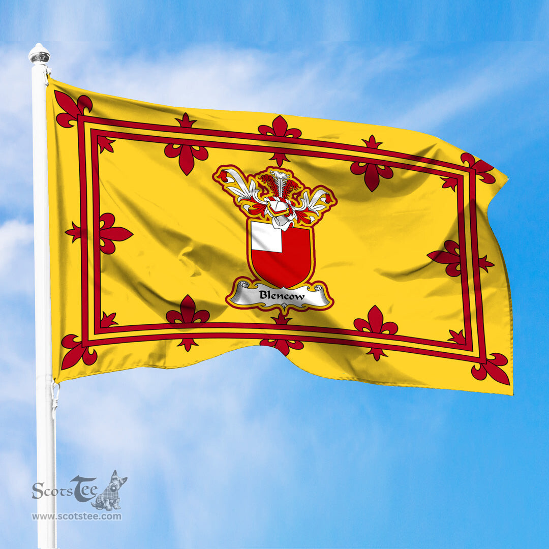 Scottish Blencow or Blencowe Clan Family Crest In Royal Banner of Scotland Flag
