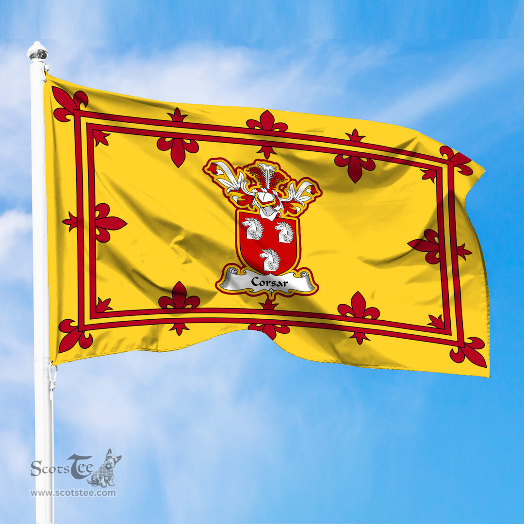 Scottish Corsar Clan Family Crest In Royal Banner of Scotland Flag