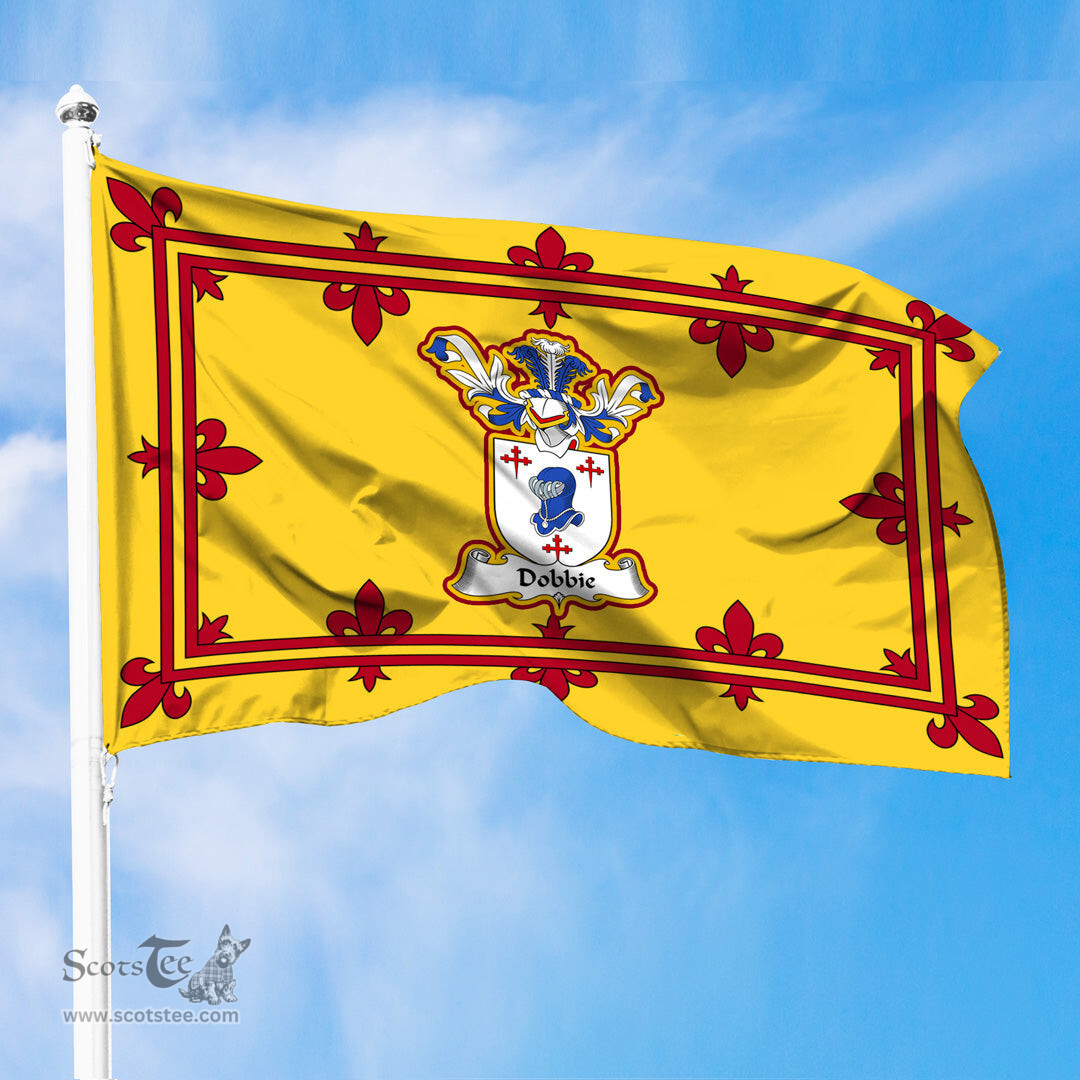 Scottish Dobbie Clan Family Crest In Royal Banner of Scotland Flag