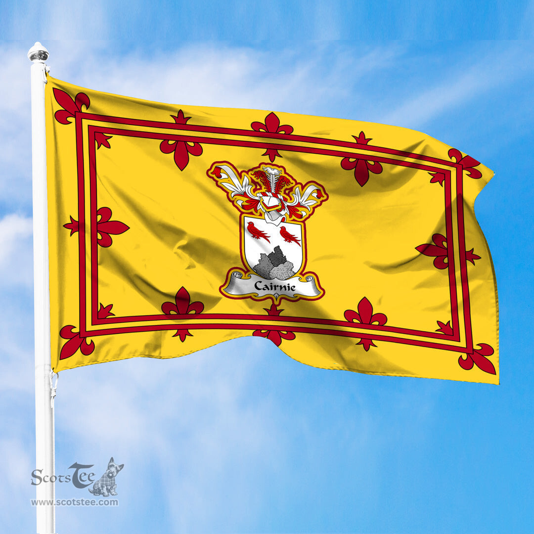 Scottish Cairnie Clan Family Crest In Royal Banner of Scotland Flag