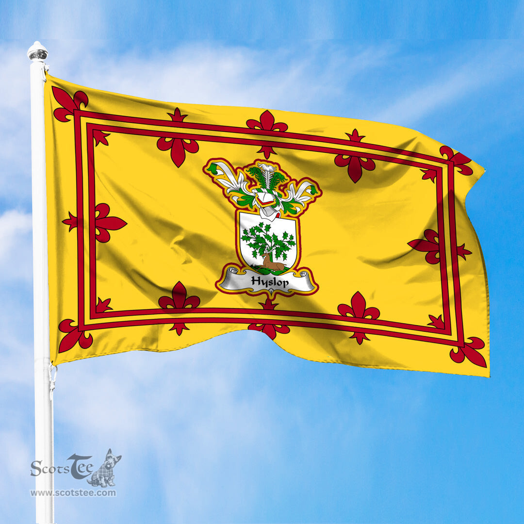Scottish Hyslop Clan Family Crest In Royal Banner of Scotland Flag
