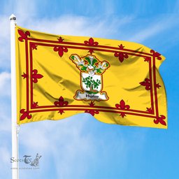 Scottish Hyslop Clan Family Crest In Royal Banner of Scotland Flag