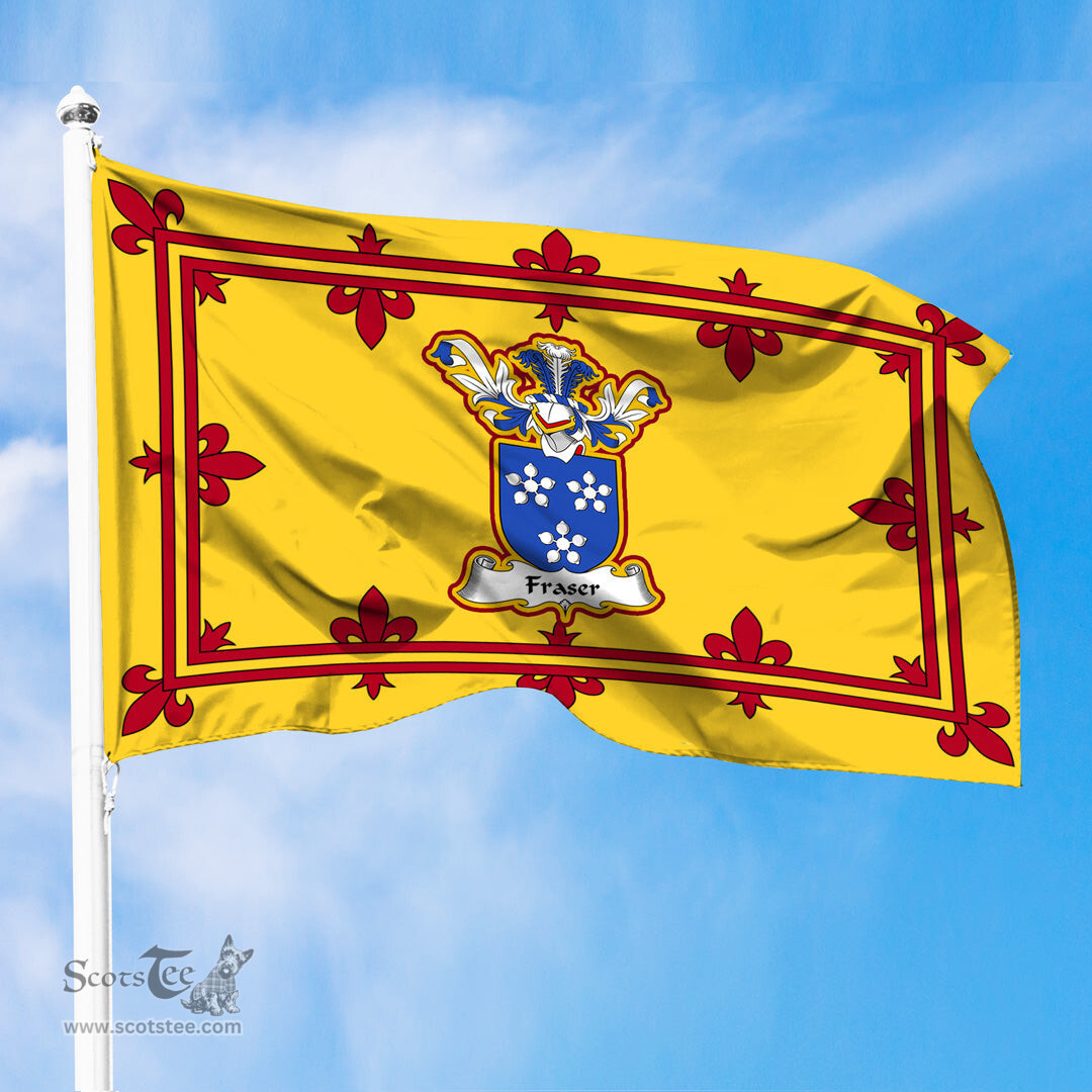 Scottish Fraser Clan Family Crest In Royal Banner of Scotland Flag