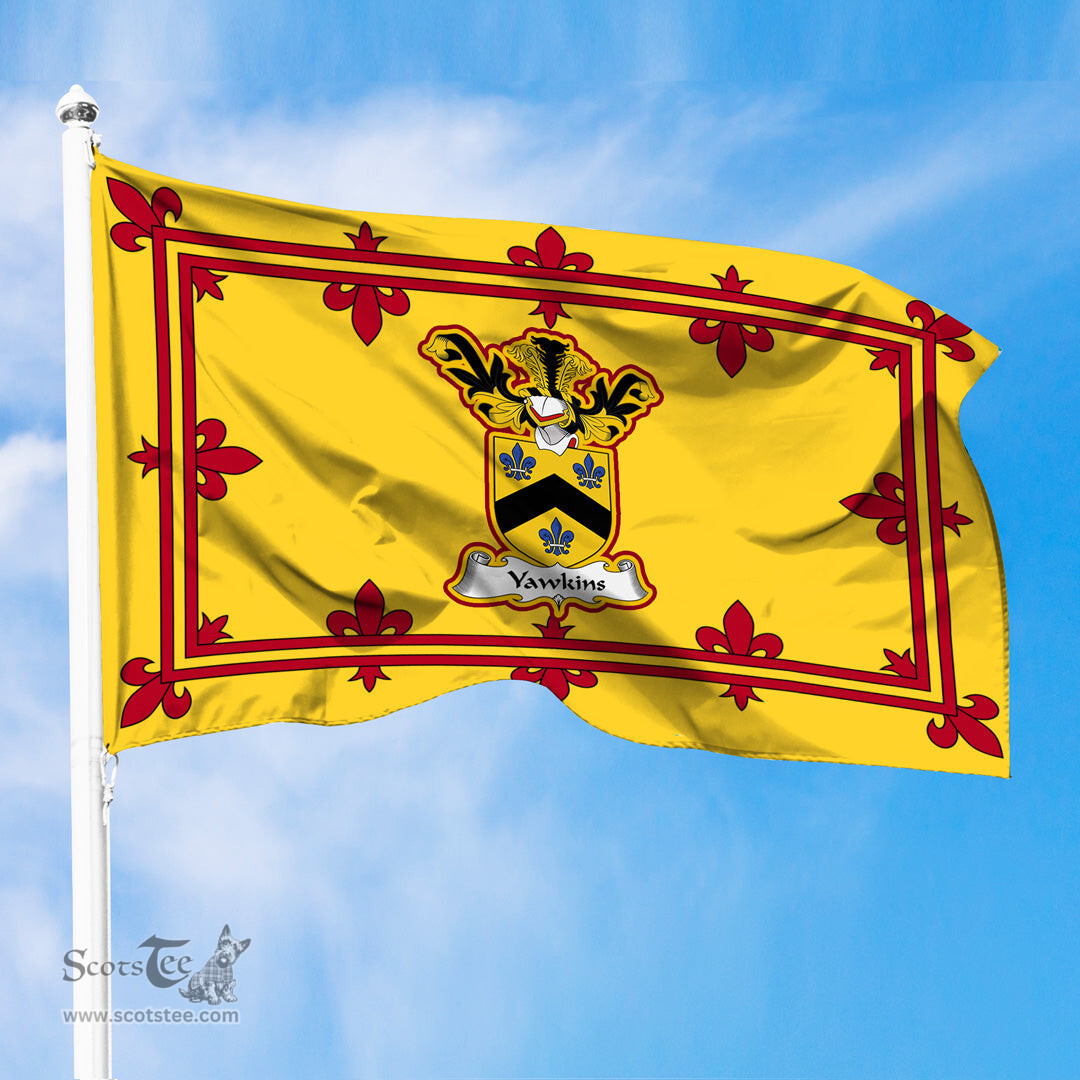 Scottish Yawkins Clan Family Crest In Royal Banner of Scotland Flag