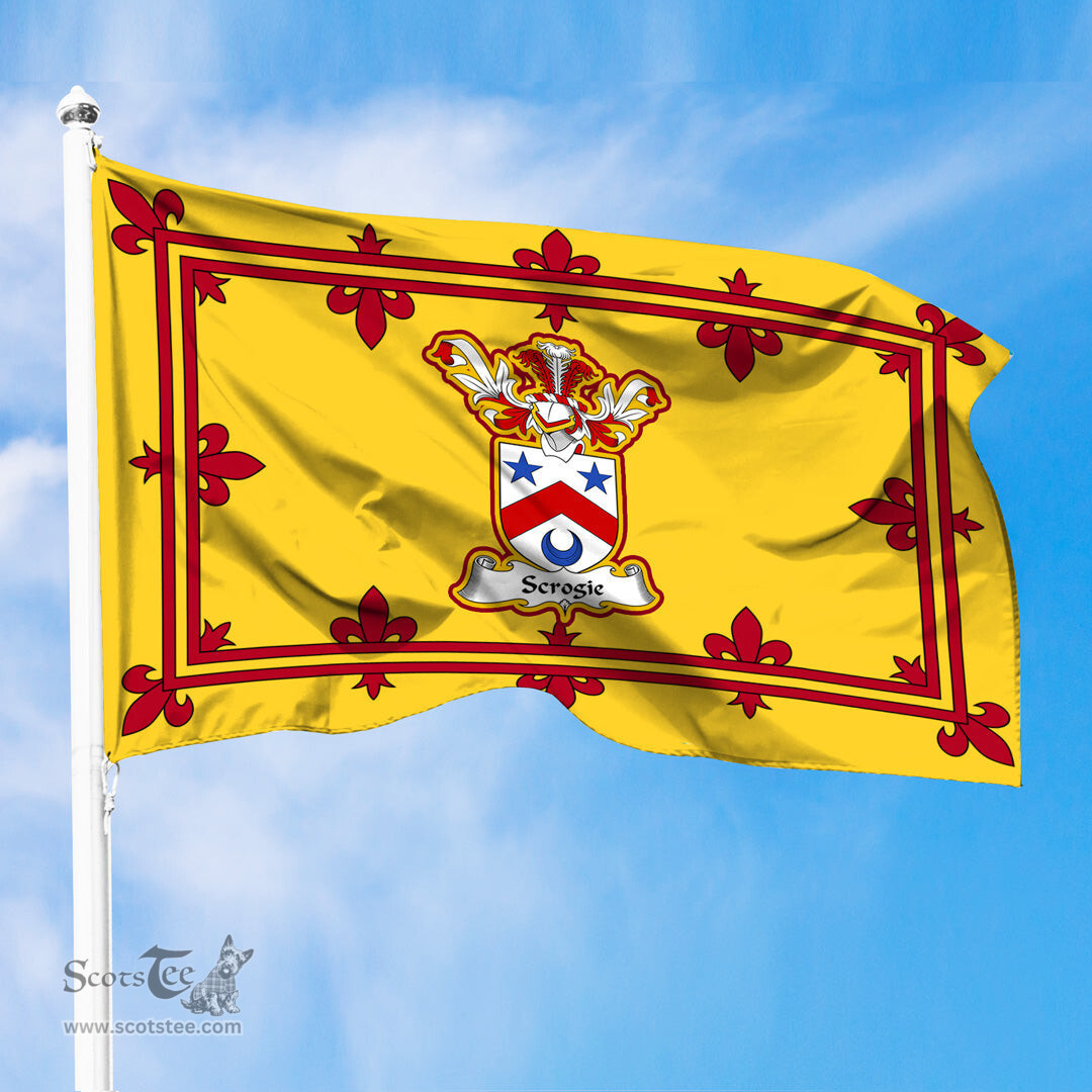 Scottish Scrogie Clan Family Crest In Royal Banner of Scotland Flag