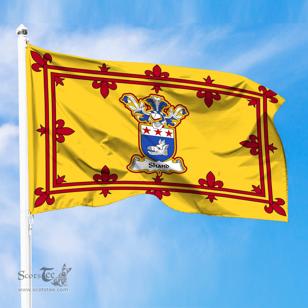 Scottish Shand Clan Family Crest In Royal Banner of Scotland Flag