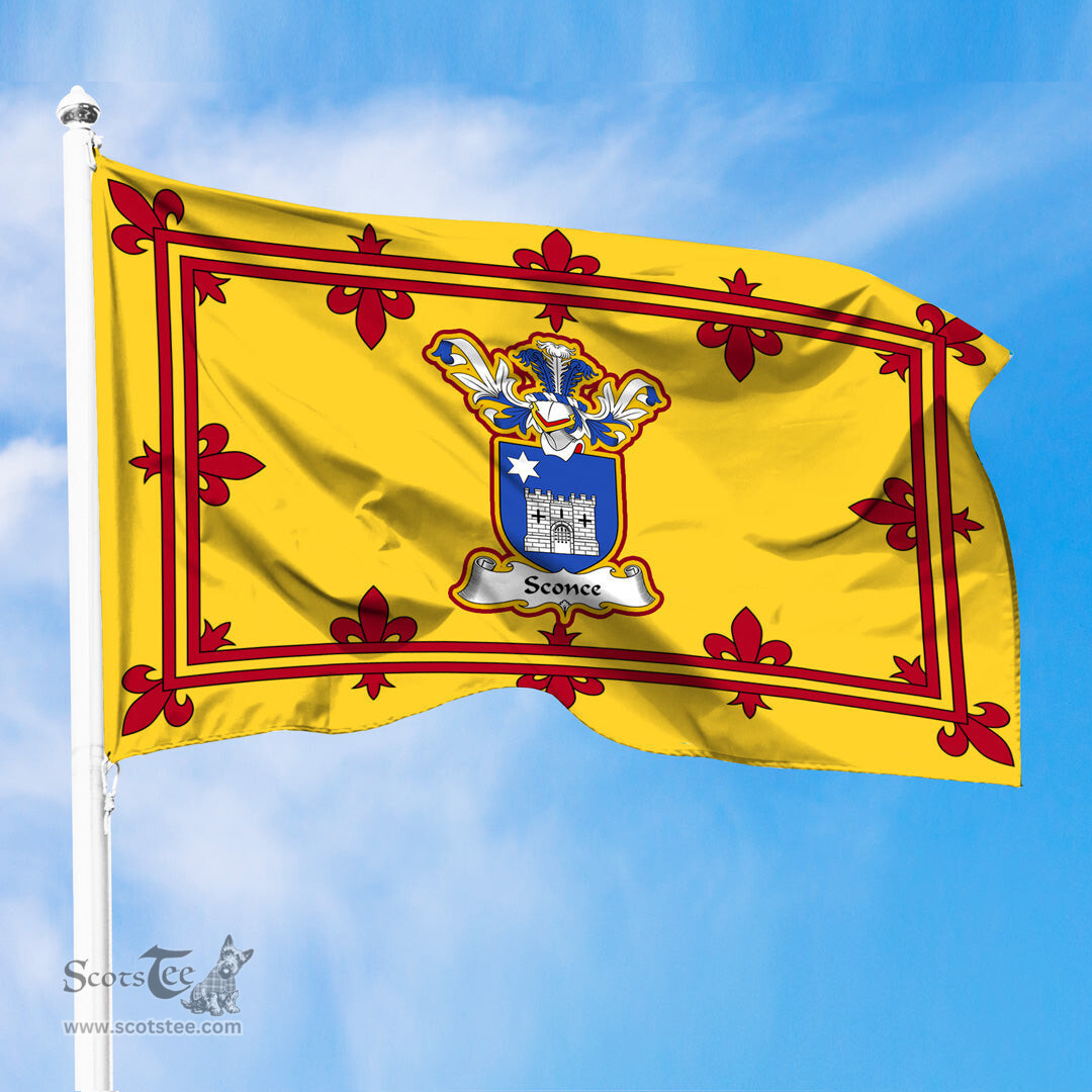 Scottish Sconce Clan Family Crest In Royal Banner of Scotland Flag
