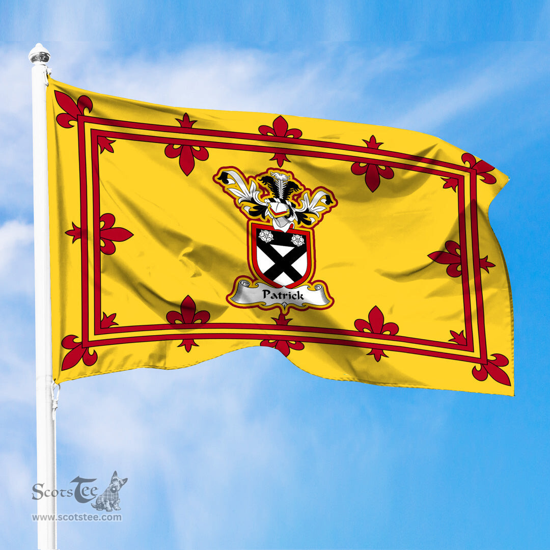 Scottish Patrick Clan Family Crest In Royal Banner of Scotland Flag
