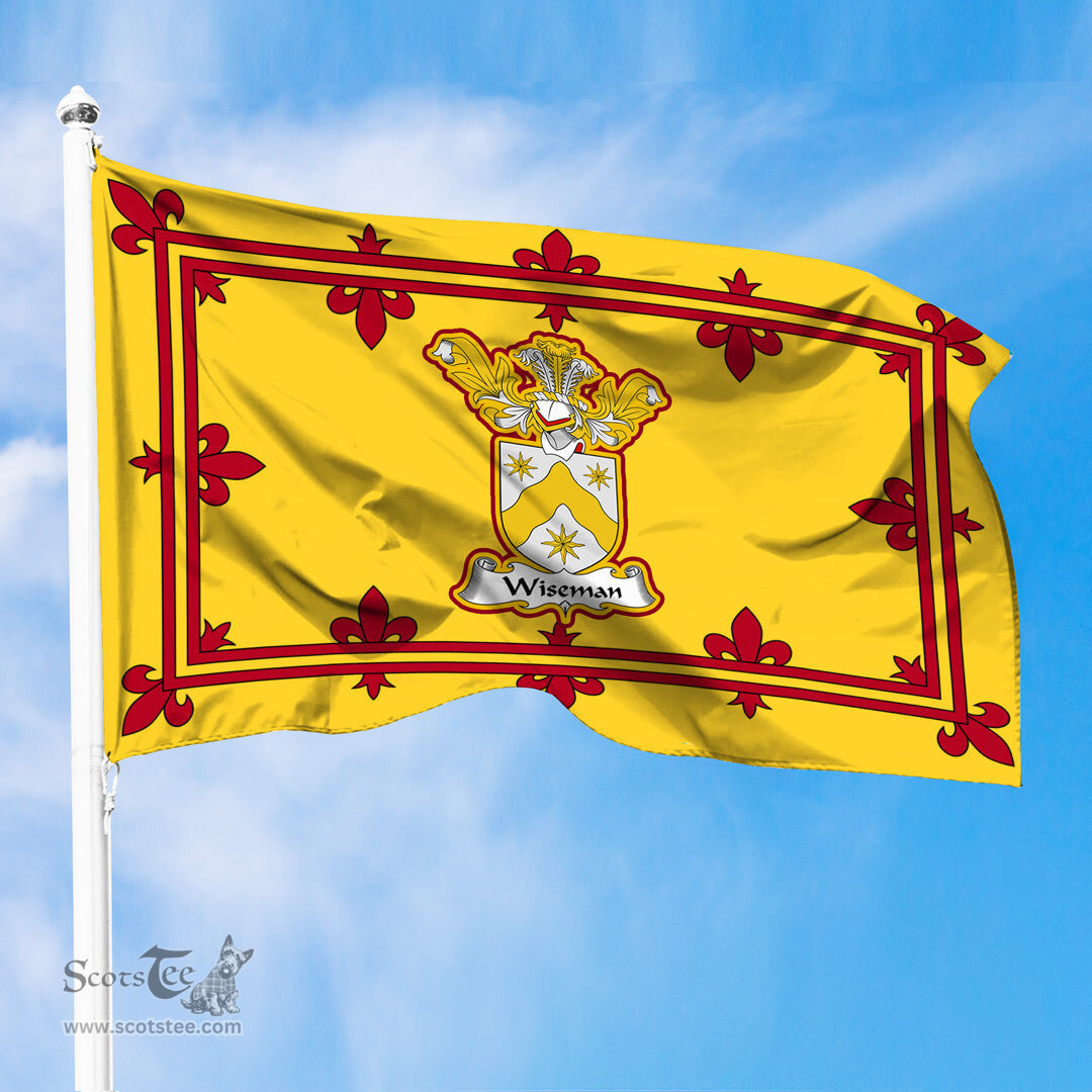Scottish Wiseman Clan Family Crest In Royal Banner of Scotland Flag
