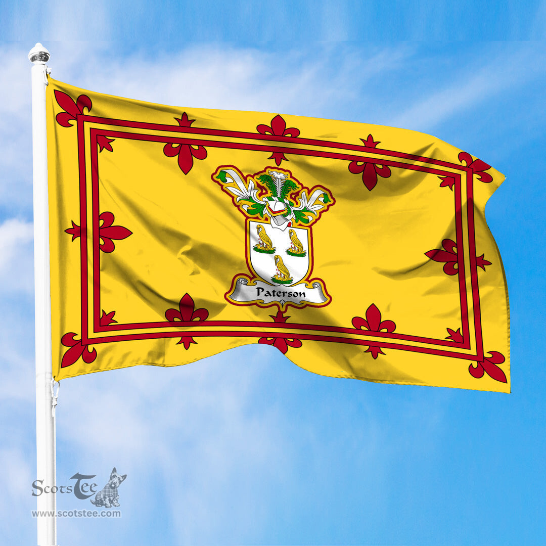 Scottish Paterson Clan Family Crest In Royal Banner of Scotland Flag