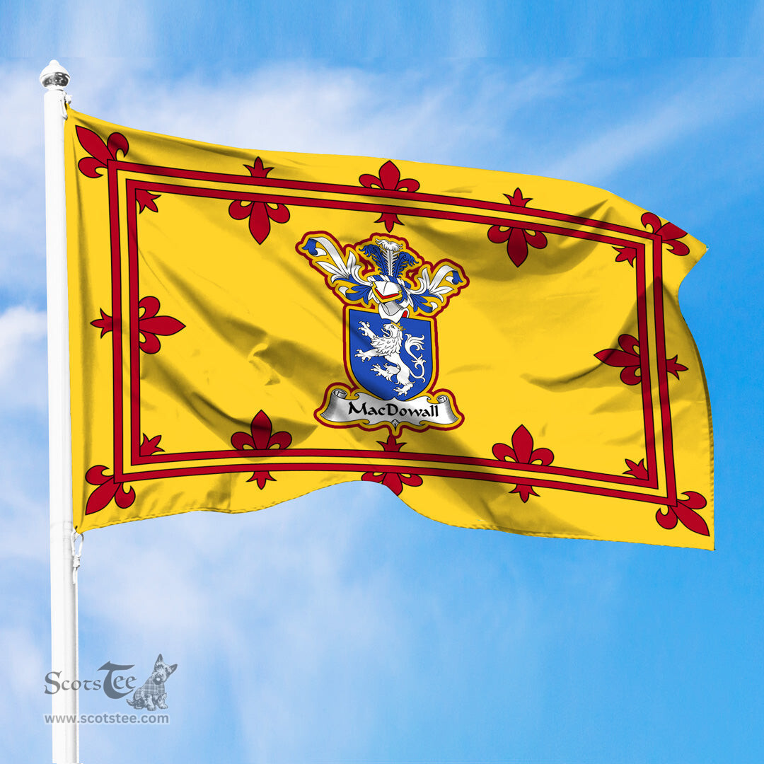 Scottish MacDowall Clan Family Crest In Royal Banner of Scotland Flag