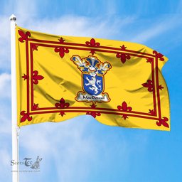 Scottish MacDowall Clan Family Crest In Royal Banner of Scotland Flag
