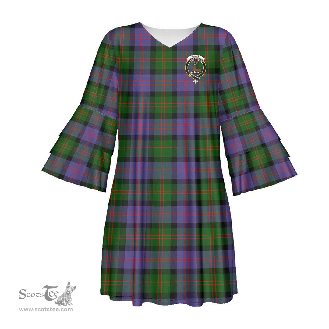 Scottish Blair Modern Clan Tartan Crest Womens Stacked Ruffle Sleeve Tartan Dress