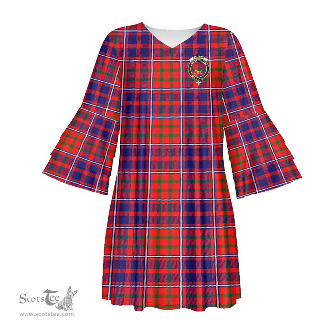 Scottish Cameron of Lochiel Modern Clan Tartan Crest Womens Stacked Ruffle Sleeve Tartan Dress
