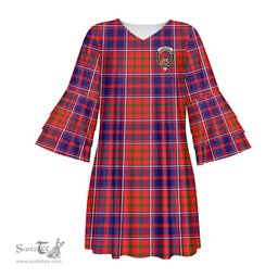 Scottish Cameron of Lochiel Modern Clan Tartan Crest Womens Stacked Ruffle Sleeve Tartan Dress