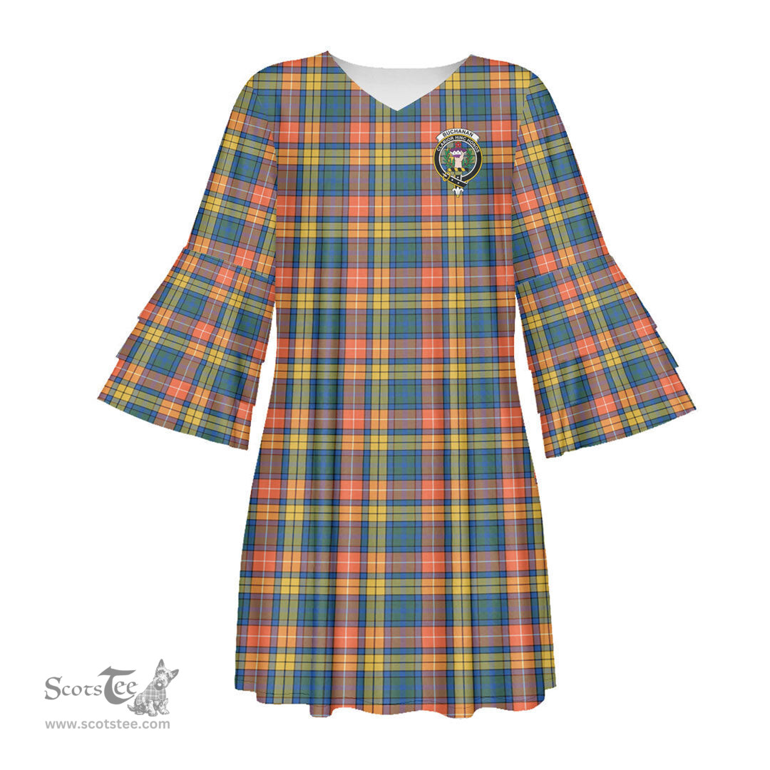 Scottish Buchanan Ancient Clan Tartan Crest Womens Stacked Ruffle Sleeve Tartan Dress