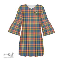 Scottish Buchanan Ancient Clan Tartan Crest Womens Stacked Ruffle Sleeve Tartan Dress