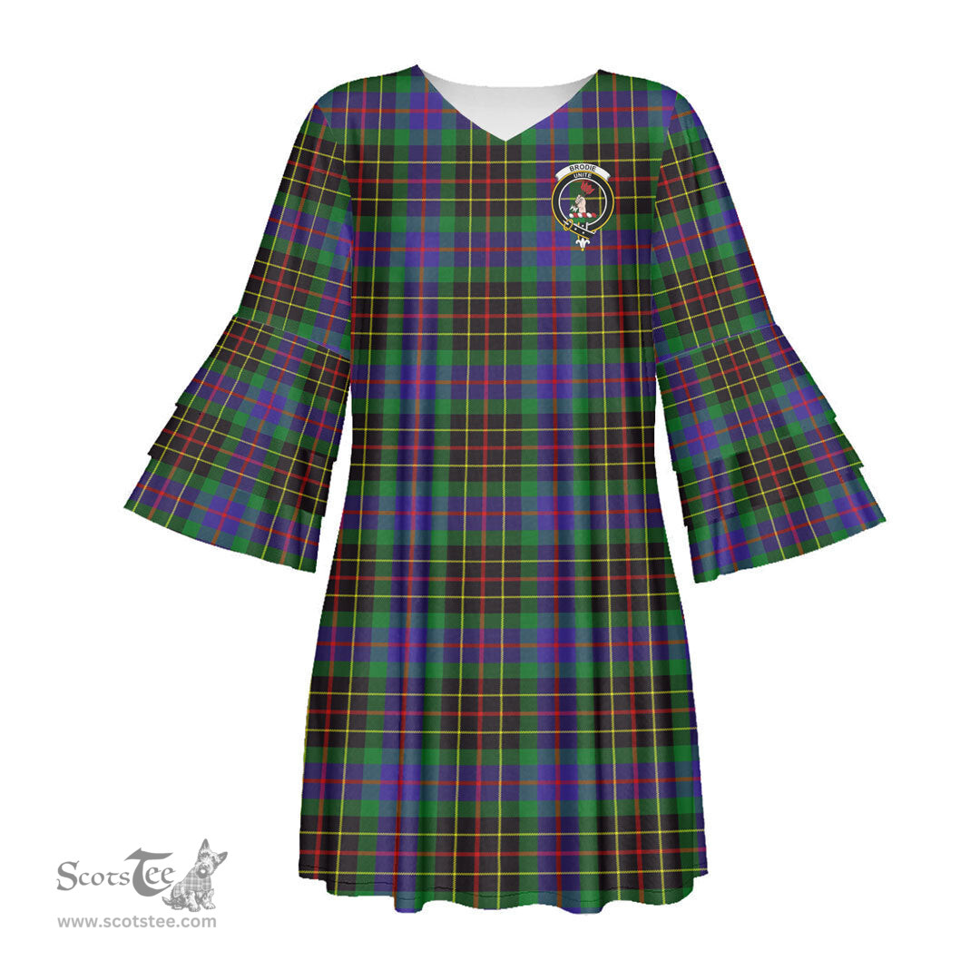 Scottish Brodie Hunting Modern Clan Tartan Crest Womens Stacked Ruffle Sleeve Tartan Dress