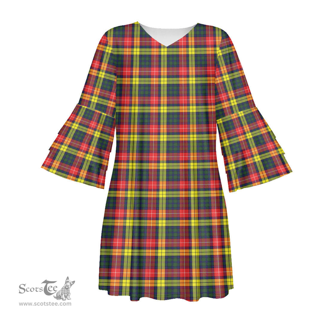 Scottish Buchanan Modern Tartan Womens Stacked Ruffle Sleeve Tartan Dress