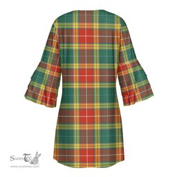 Scottish Buchanan Old Sett Clan Tartan Crest Womens Stacked Ruffle Sleeve Tartan Dress