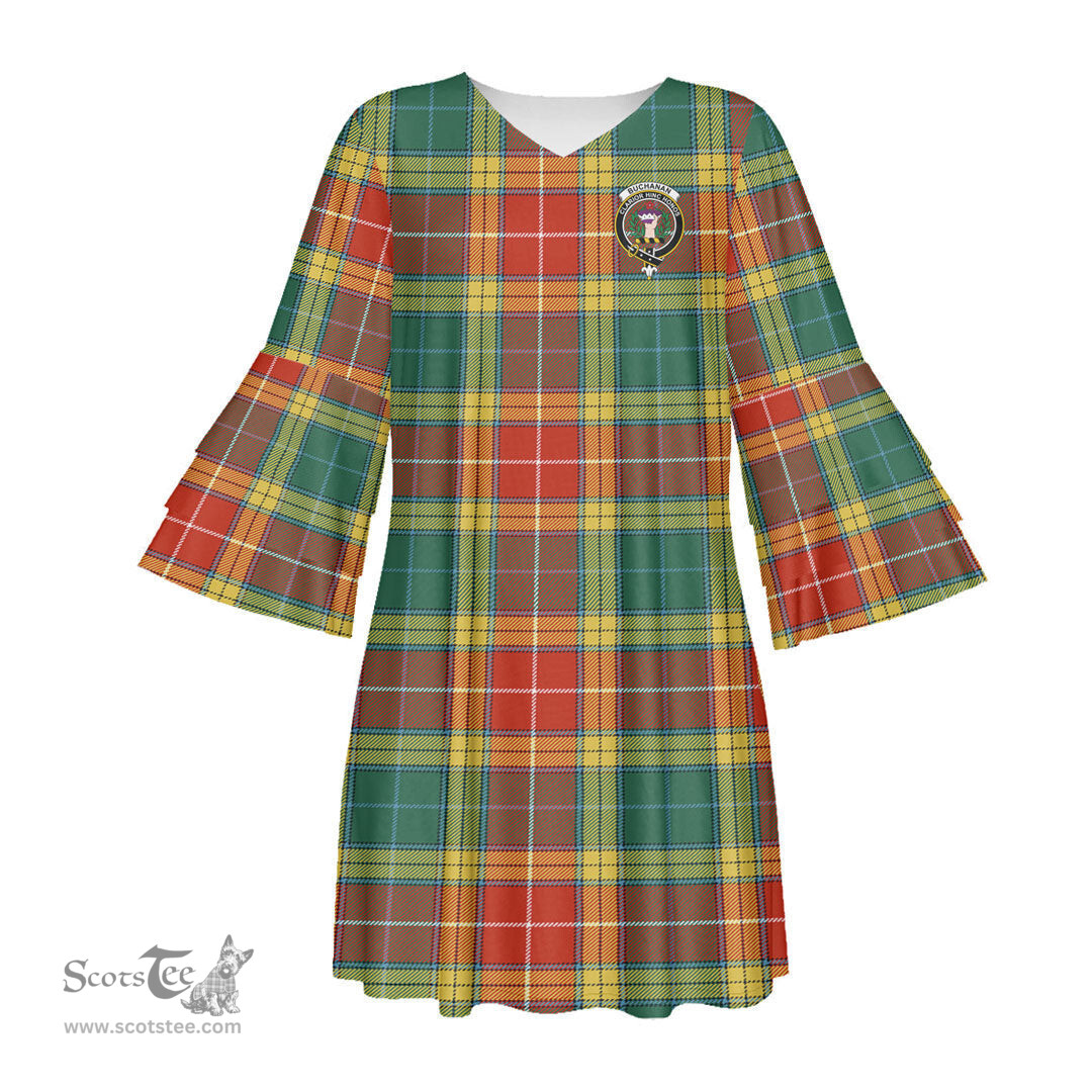 Scottish Buchanan Old Sett Clan Tartan Crest Womens Stacked Ruffle Sleeve Tartan Dress
