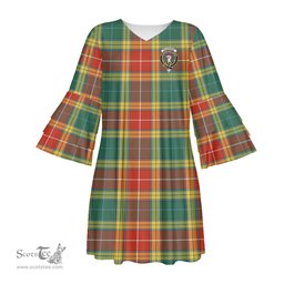 Scottish Buchanan Old Sett Clan Tartan Crest Womens Stacked Ruffle Sleeve Tartan Dress