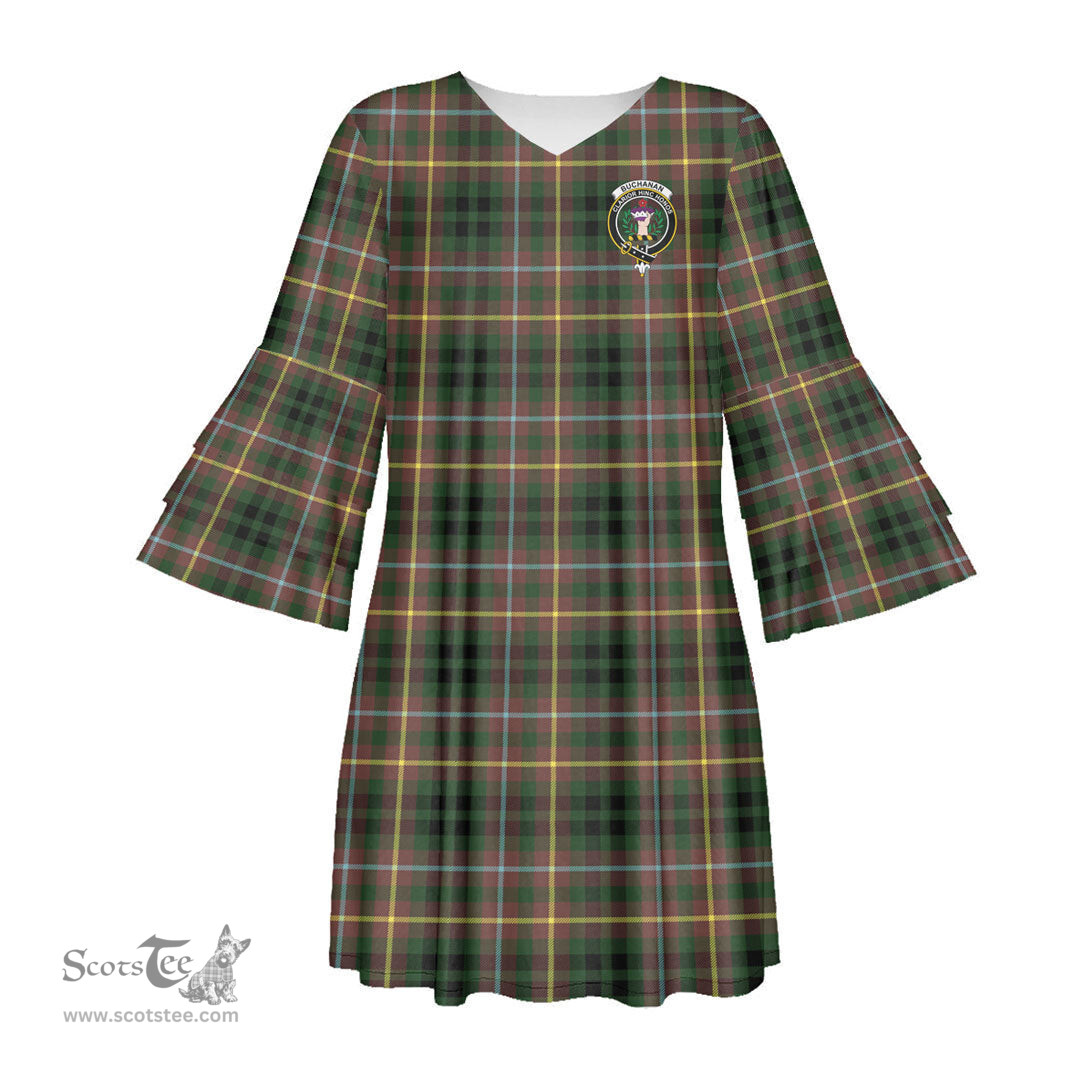Scottish Buchanan Hunting Clan Tartan Crest Womens Stacked Ruffle Sleeve Tartan Dress