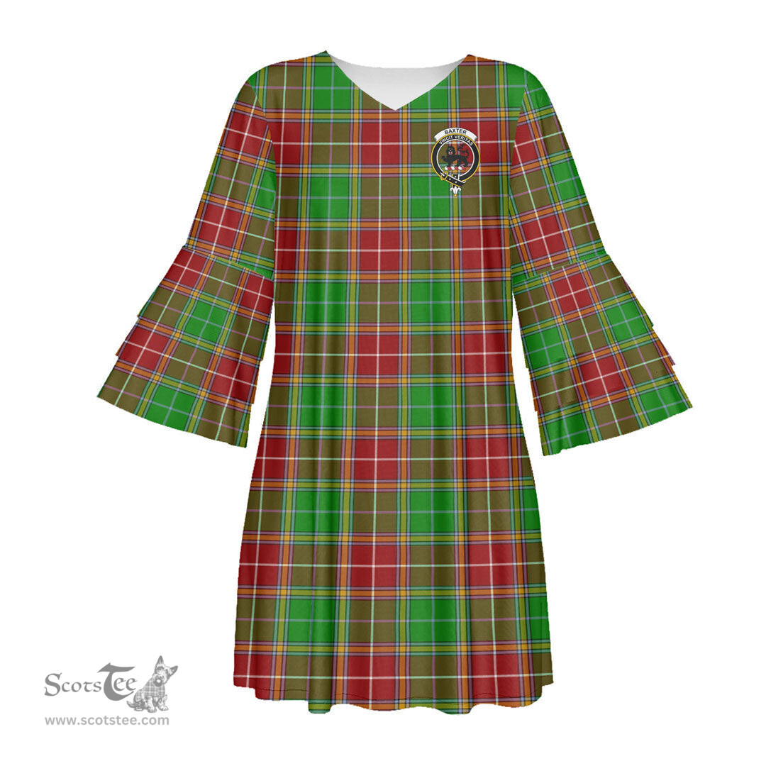 Scottish Baxter Modern Clan Tartan Crest Womens Stacked Ruffle Sleeve Tartan Dress