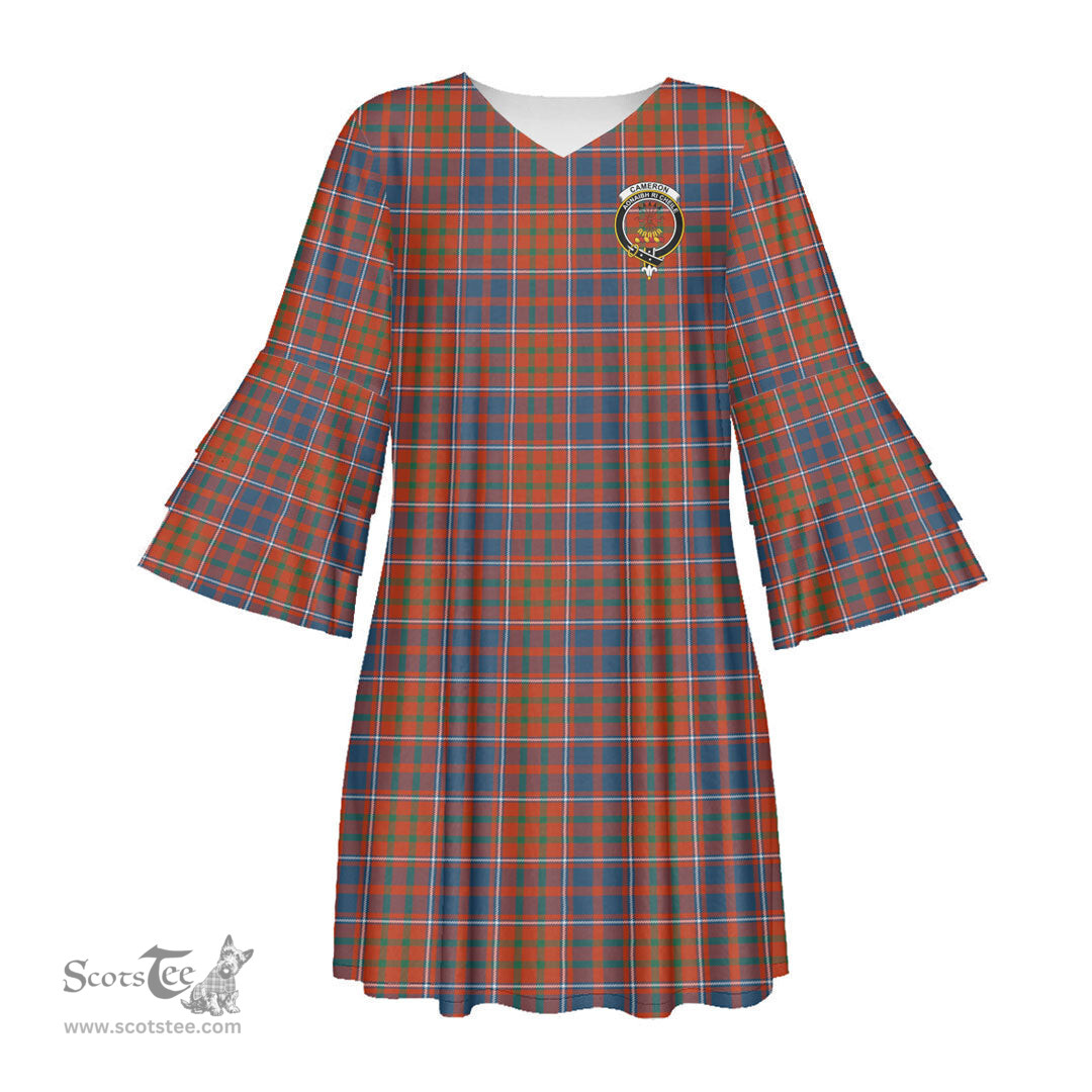 Scottish Cameron of Lochiel Ancient Clan Tartan Crest Womens Stacked Ruffle Sleeve Tartan Dress