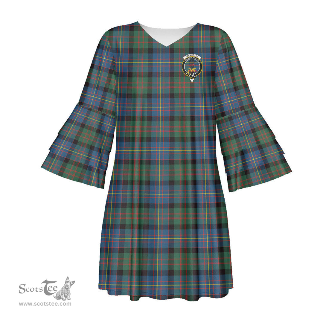 Scottish Cameron of Erracht Ancient Clan Tartan Crest Womens Stacked Ruffle Sleeve Tartan Dress
