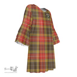 Scottish Buchanan Old Set Weathered Clan Tartan Crest Womens Stacked Ruffle Sleeve Tartan Dress
